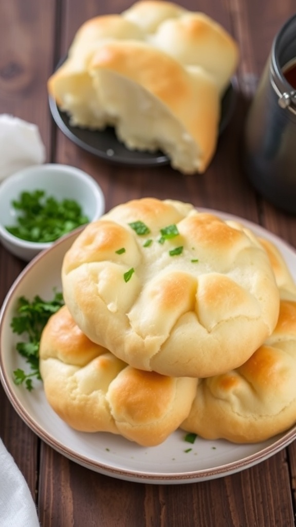 Cloud Bread Recipe Fluffy cloud bread on a rustic plate, golden brown with a soft texture, served with fresh herbs.